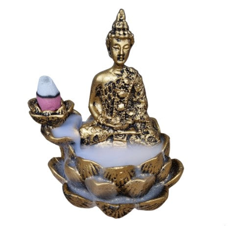 Incensário Cascata Buda na Pedra Meditando Zen Decoração em Resina