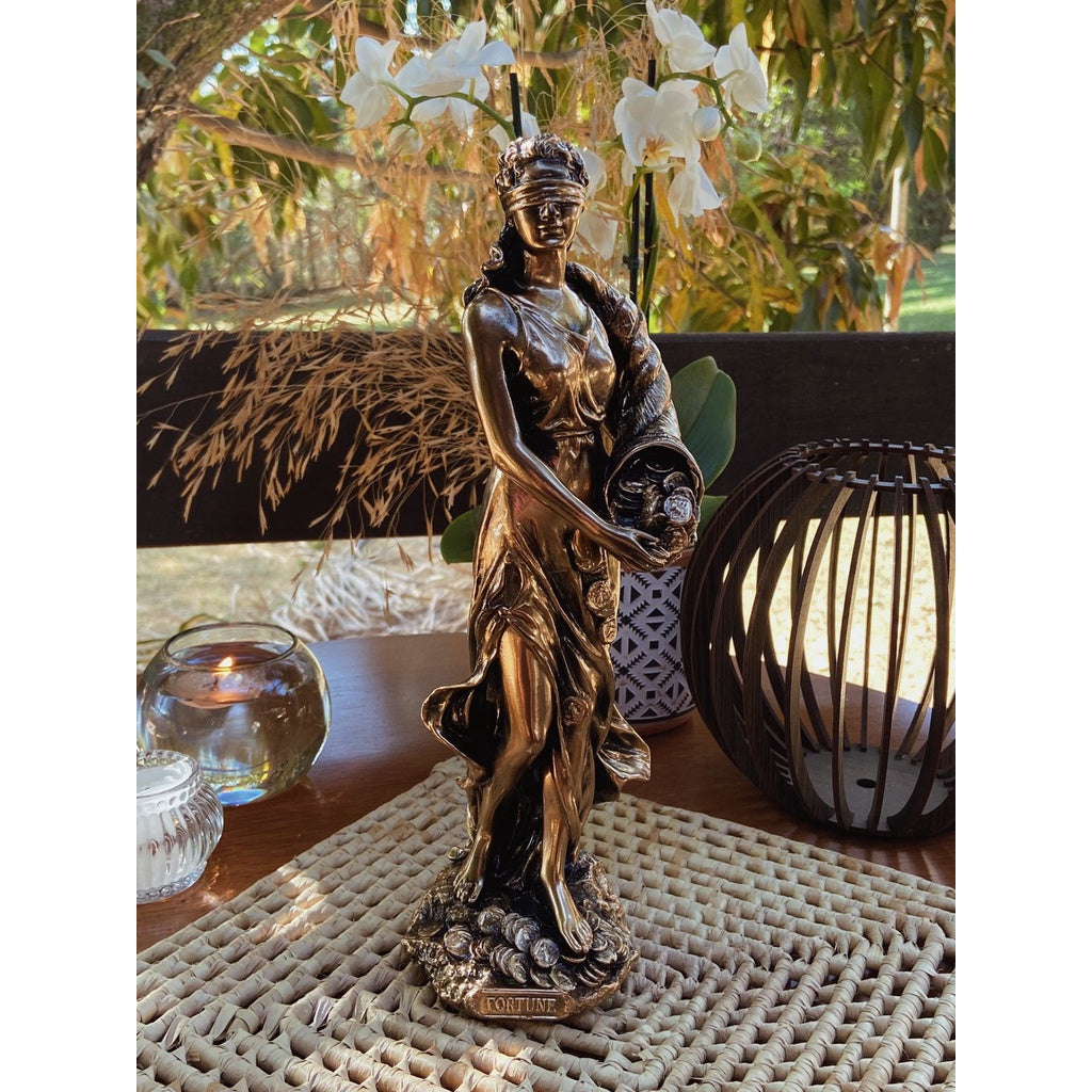 Escultura Grega Deusa da Fortuna Estatueta Mitológica Linha Ônix Ouro Luxo 31 cm