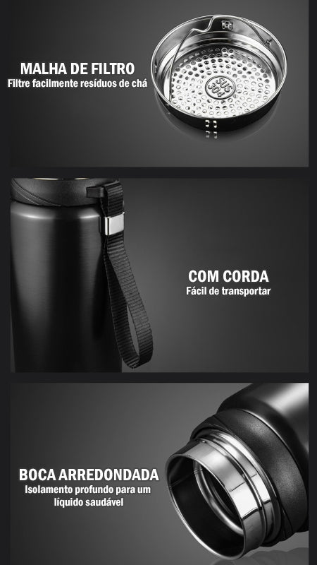 Garrafa Térmica a Vácuo em Aço Inoxidável com Chip Inteligente de Temperatura Led Smart de 800ml a 1800ml