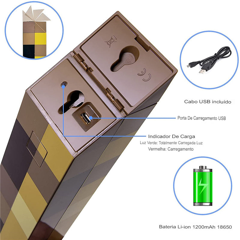 Luminária Geek Minecraft Tocha Brownstone Led 28CM Recarregável USB