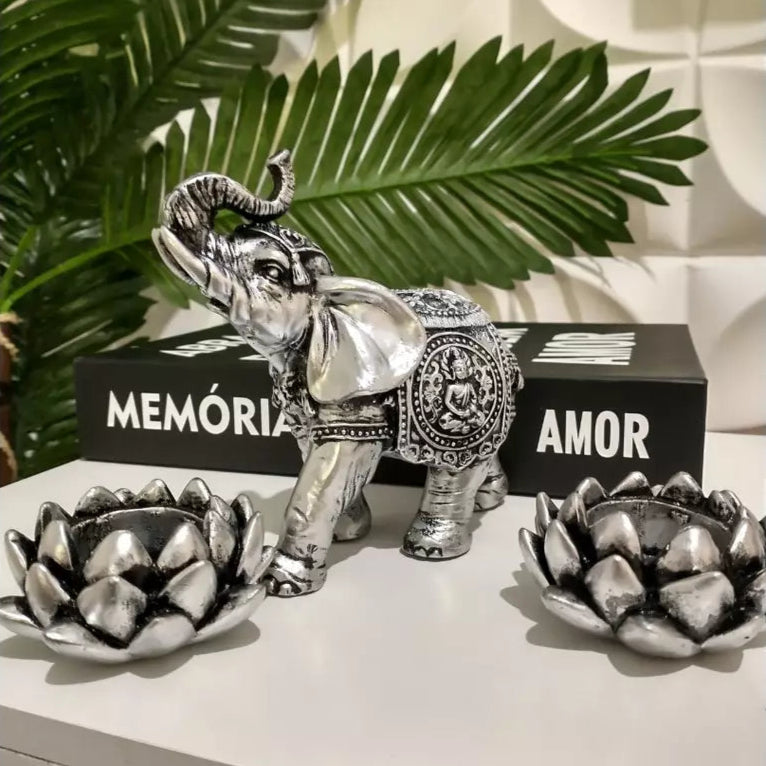 Estátua Escultura Elefante Indiano da Sorte e Fortuna 14cm com 2 Flores de Lótus