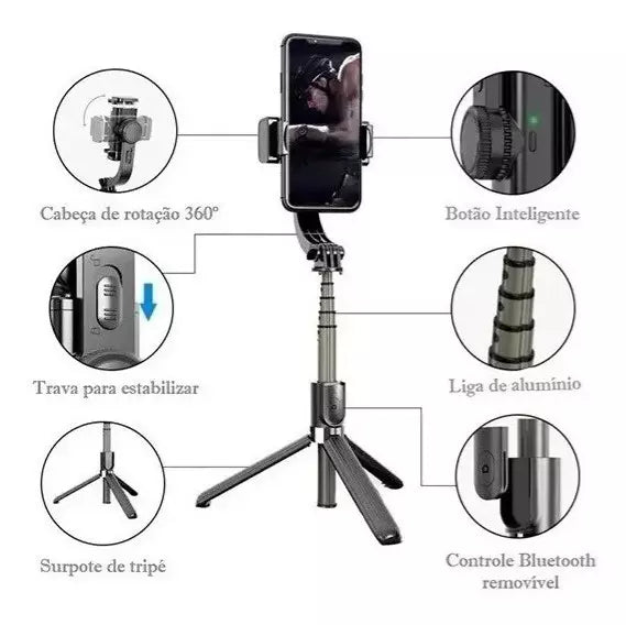 Bastão De Selfie com Estabilizador Gimbal NUOWA  L08 Tripé Stick TriPod Bluetooth 4.0 Sem Fio