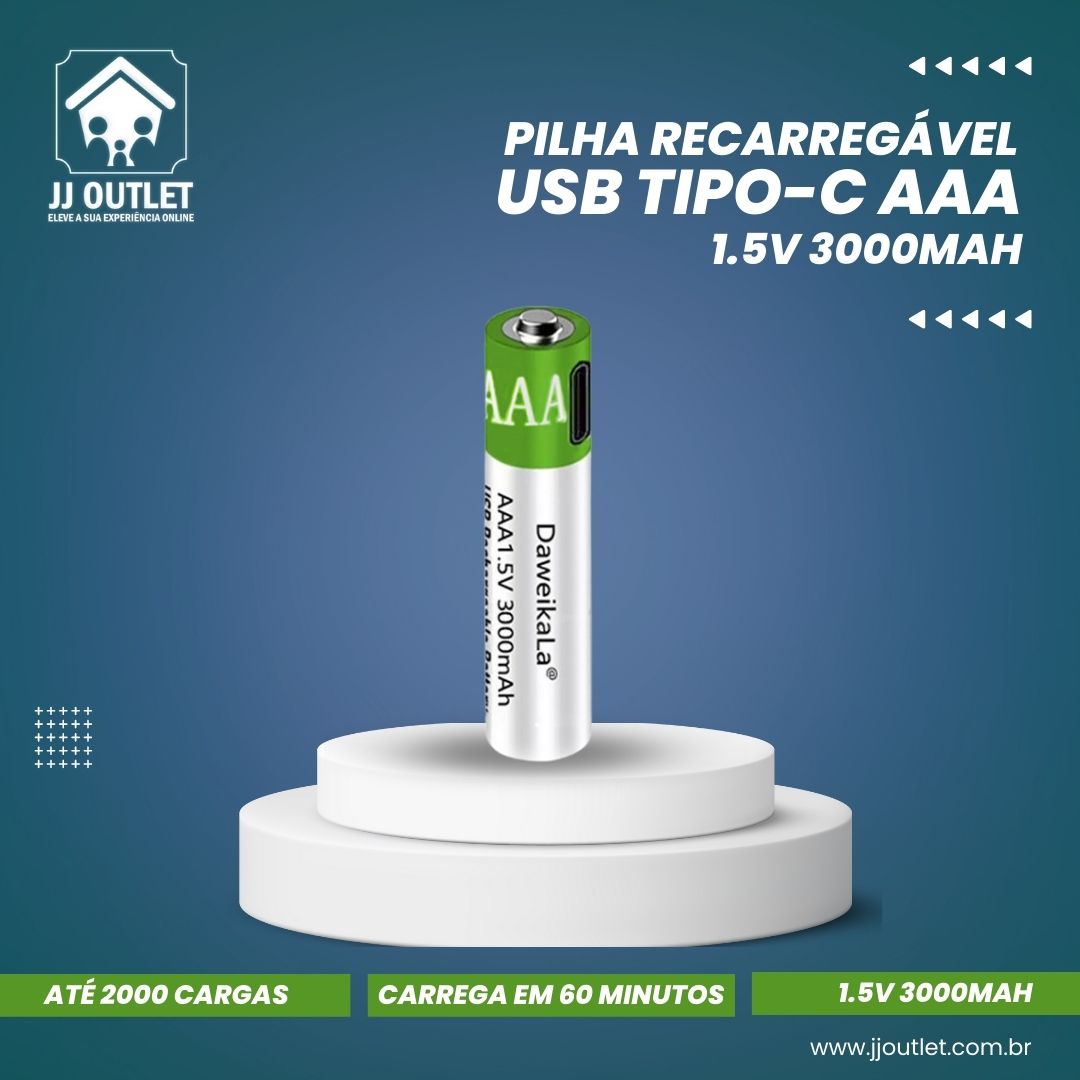 Pilha Recarregável USB Tipo-C AAA 1.5V 3000mAh