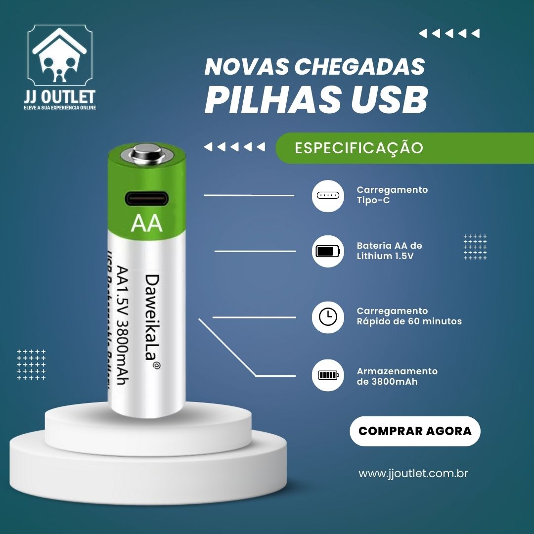 Pilha Recarregável USB Tipo-C AA 1.5V 3800mAh